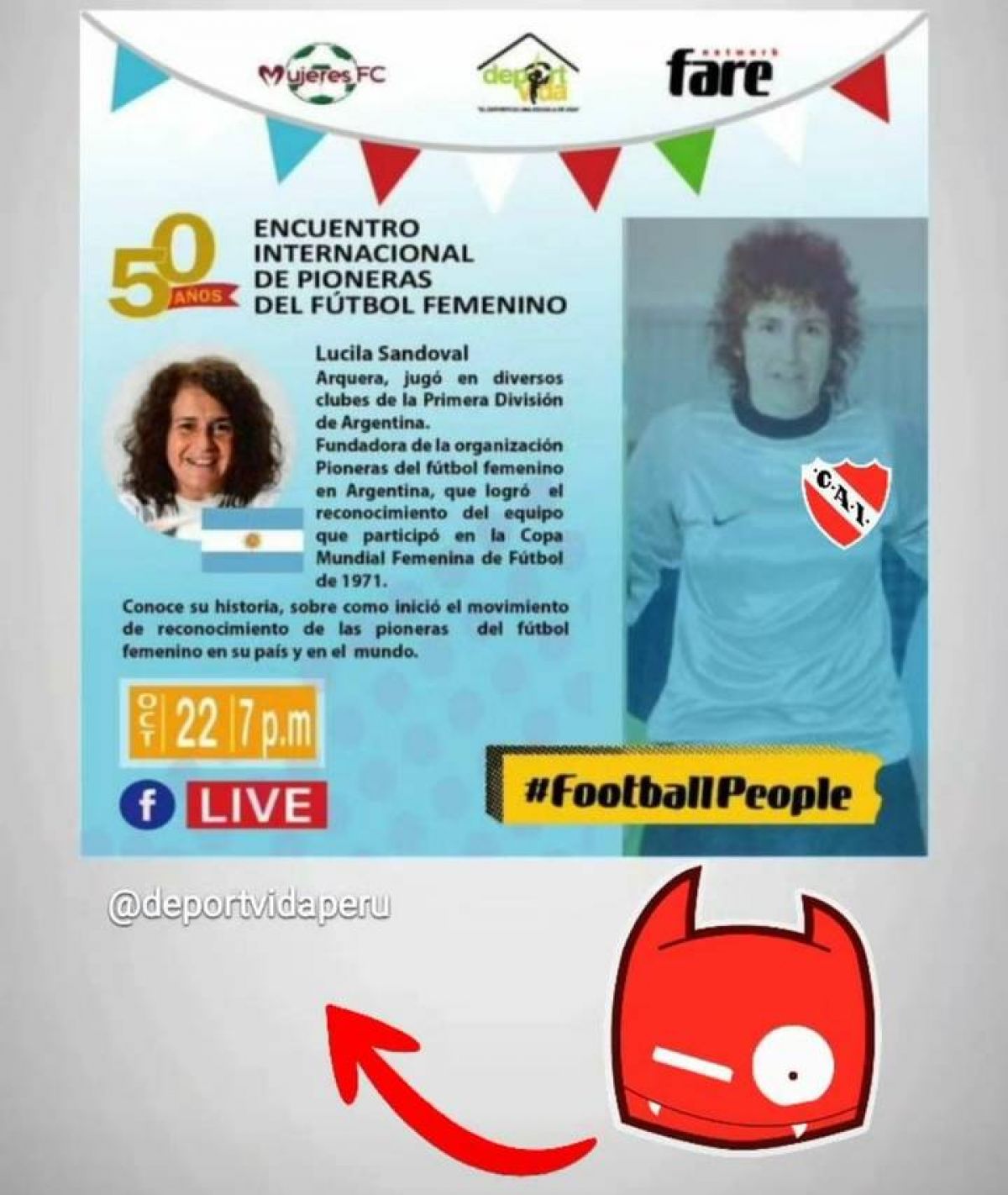 @GeneroCai El próximo 22 de octubre a las 19 horas Luky Sandoval de  @pionerasdelfut1 participará del Encuentro Internacional de Pioneras del Fútbol Femenino