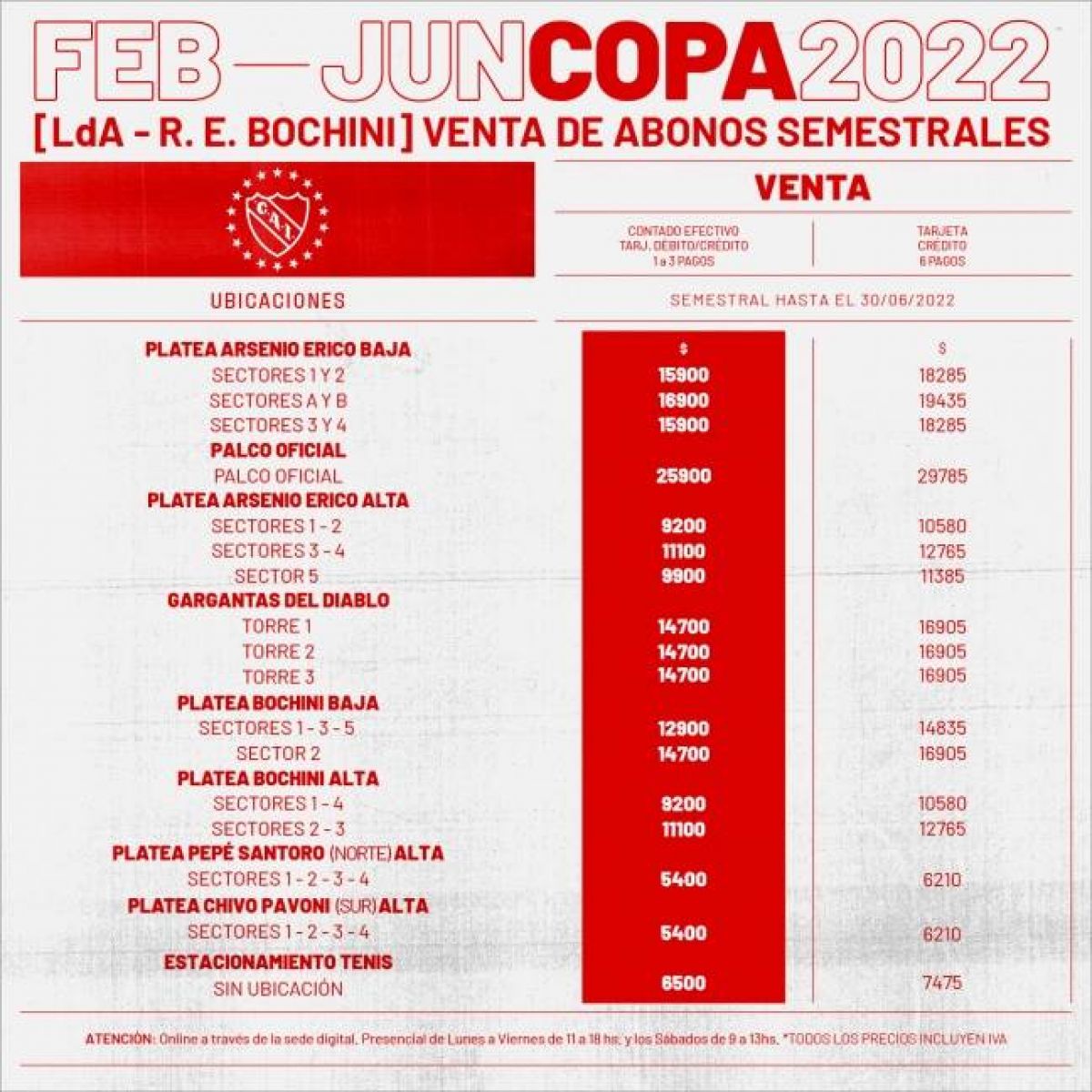 Venta de abonos para el primer semestre.