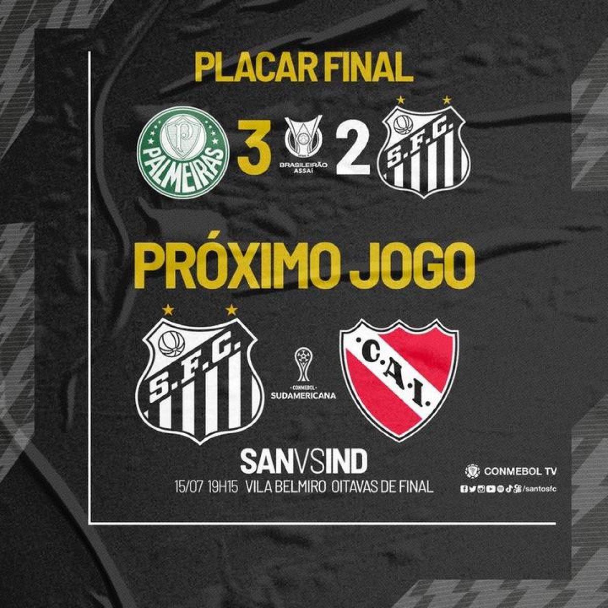 @SantosFC A próxima partida do Santos é pela @Sudamericana, contra o Independiente.