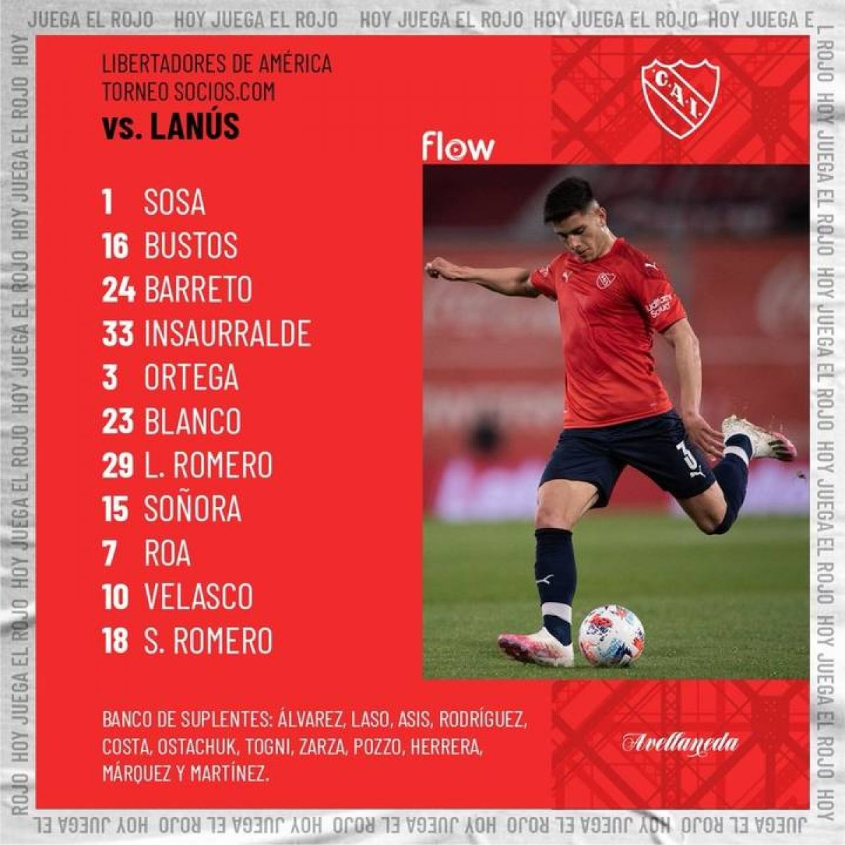 @Independiente ¡Así va #Independiente! Formación confirmada para recibir a Lanús.