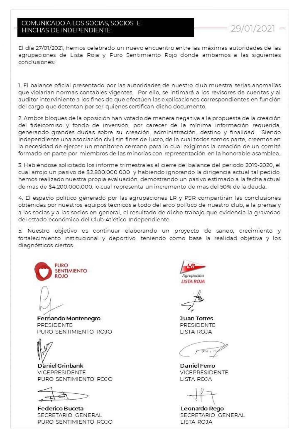 COMUNICADO CONJUNTO DE "LISTA ROJA" Y "PURO SENTIMIENTO ROJO".