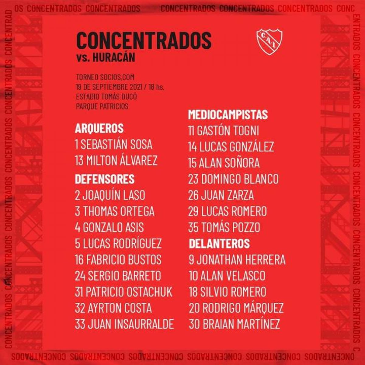 Lista de concentrados ante Huracán.- #TodoRojo