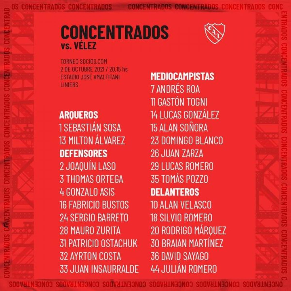 Lista de concentrados ante Vélez. #TodoRojo