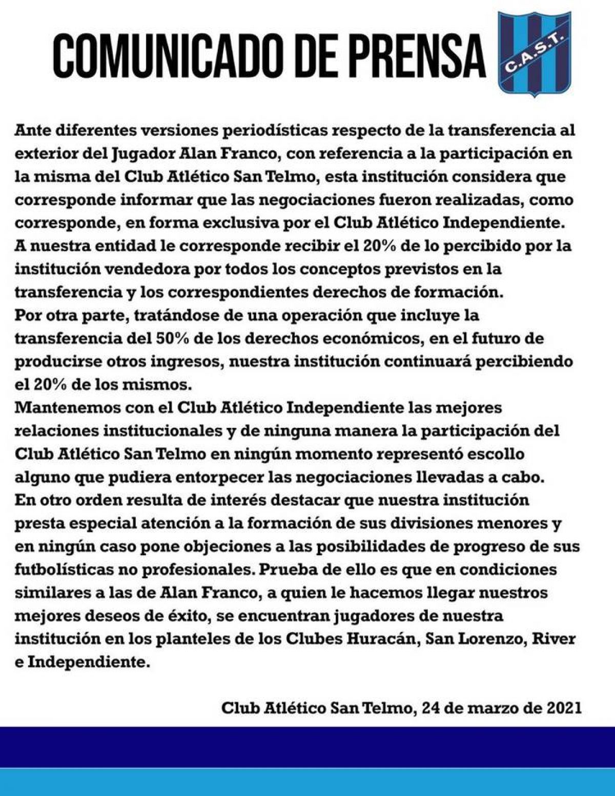 @PrensaSanTelmo COMUNICADO DE PRENSA: SOBRE LA TRANSFERENCIA DEL JUGADOR ALAN FRANCO.-