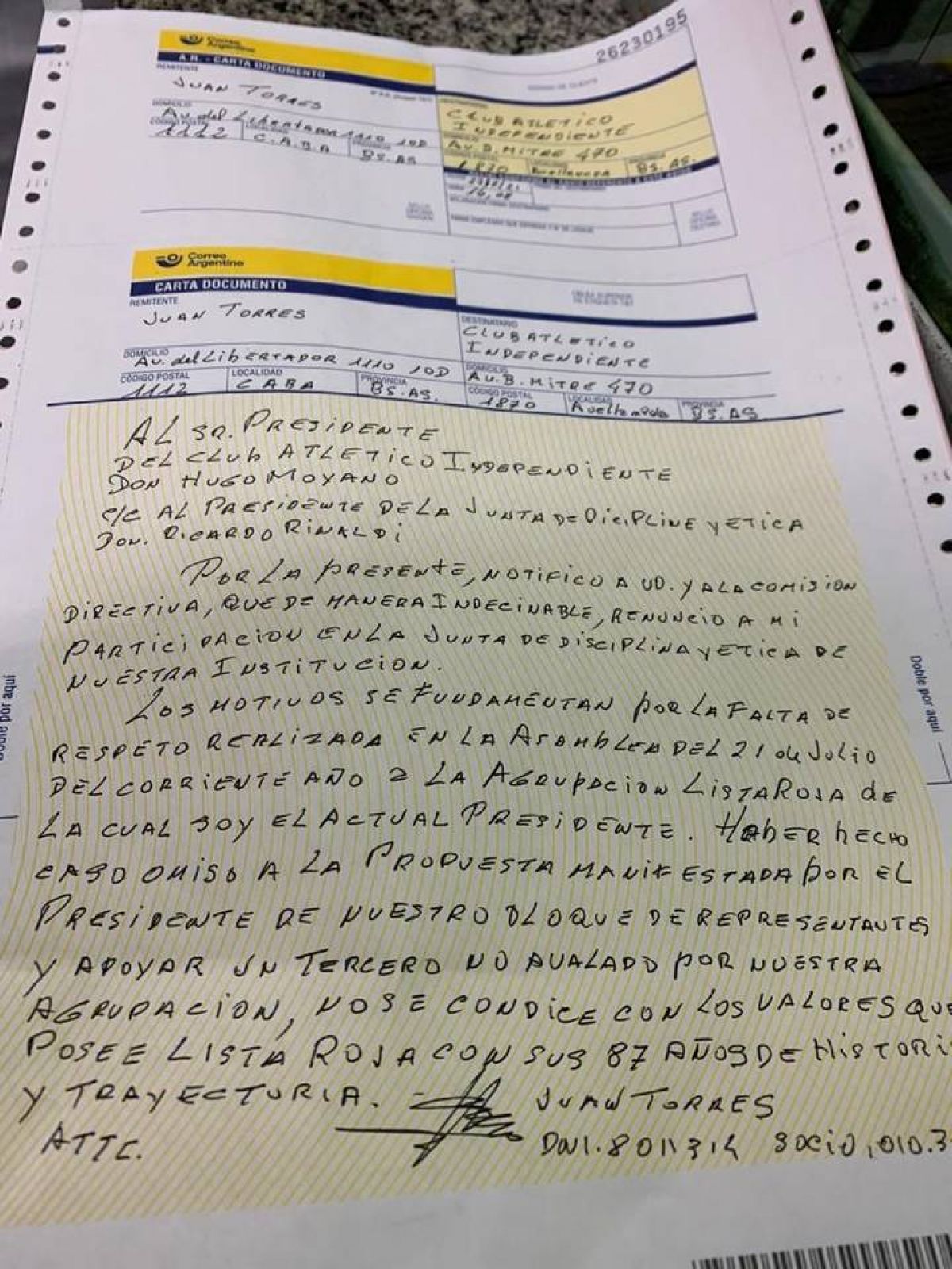 "#INDEPENDIENTE DE AVELLANEDA") JUAN TORRES, "LISTA ROJA", renunció a la Junta de Disciplina y Ética del C.A.I.